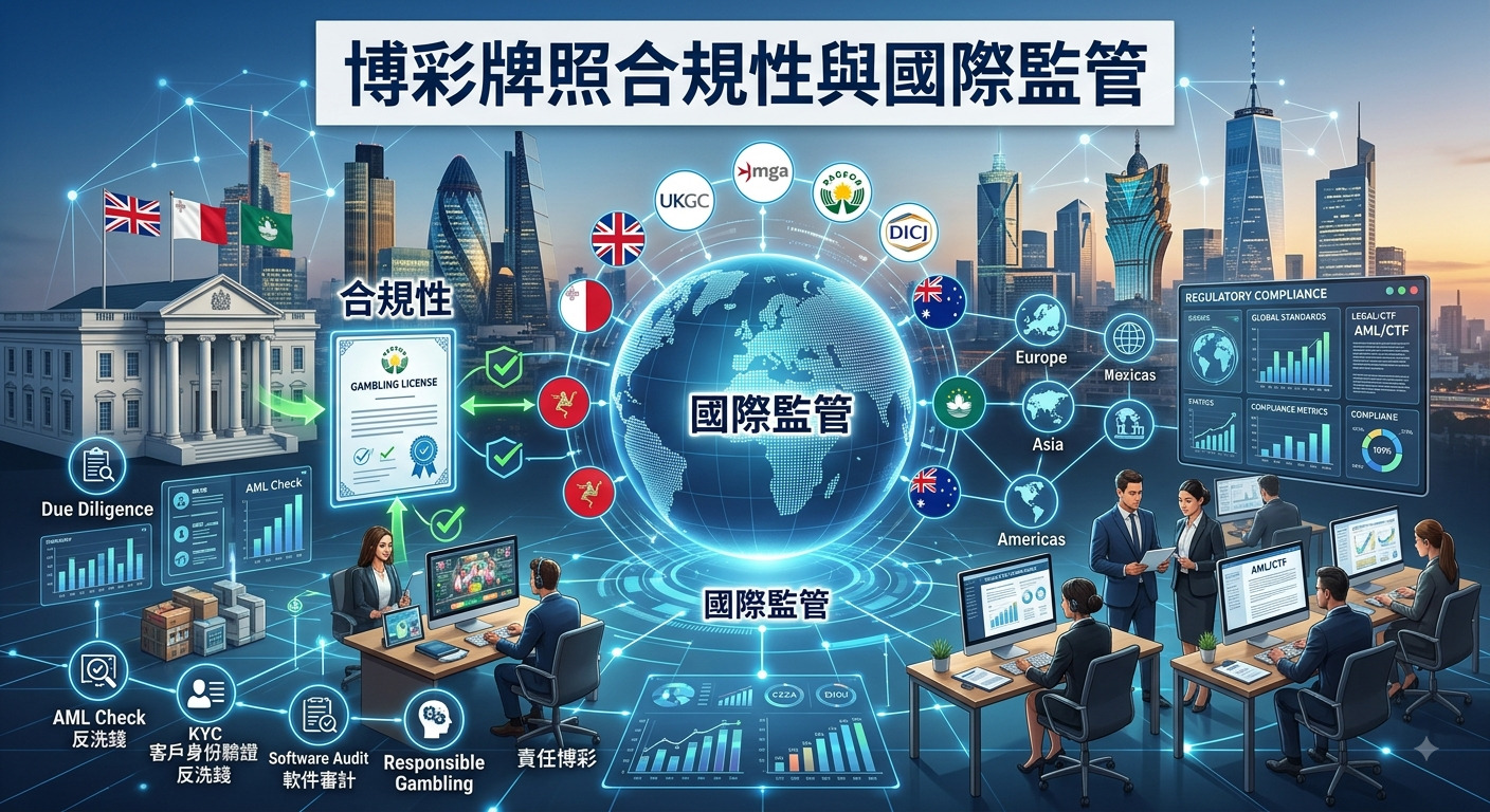 這幅圖像展現了高科技風格的國際博彩監管網絡，融合了全球金融中心與繁華賭場城的都市天際線背景。 畫面中央展示著透明的大陸地球儀與各國監管標誌，搭配專業合規團隊與數據分析面板，彰顯嚴謹與合規性。