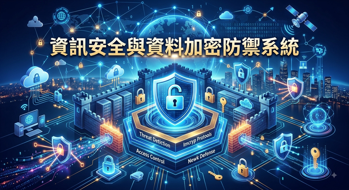 這張圖片展示了一座高科技數位防禦堡壘，融合了網路連線、加密鎖頭與防火牆等資訊安全元素。 畫面中央以清晰顯眼的繁體中文標示主題：「資訊安全與資料加密防禦系統」。